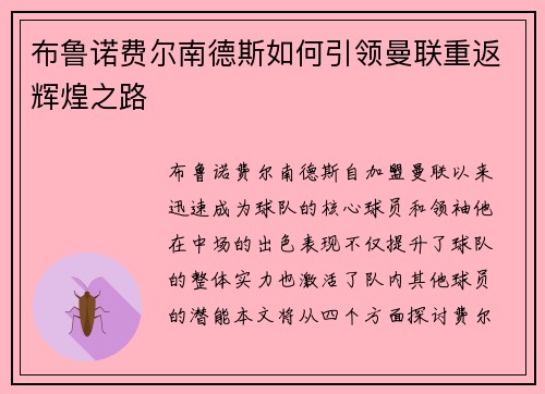 布鲁诺费尔南德斯如何引领曼联重返辉煌之路